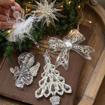 2pcs Acrylic Crystal Christmas Tree Pendant Clear Stereoscopic Xmas Tree Hanging Ornaments with Sequins Gilitter