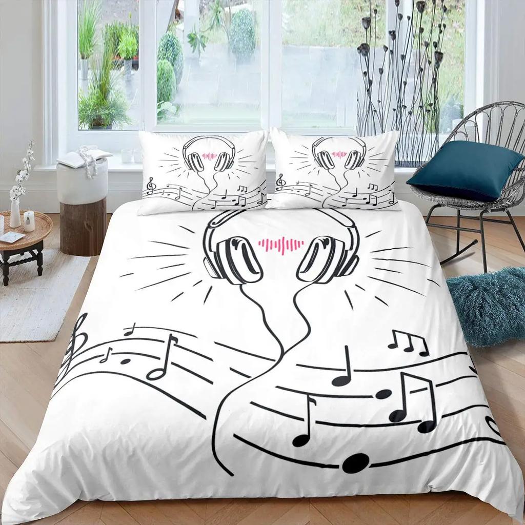 Set Husă de Plapumă Imprimată pentru Căști Model Muzical Geometric Husă de Plapumă Băieți Adolescenți Dublu Queen King Poliester Husă de Plapumă