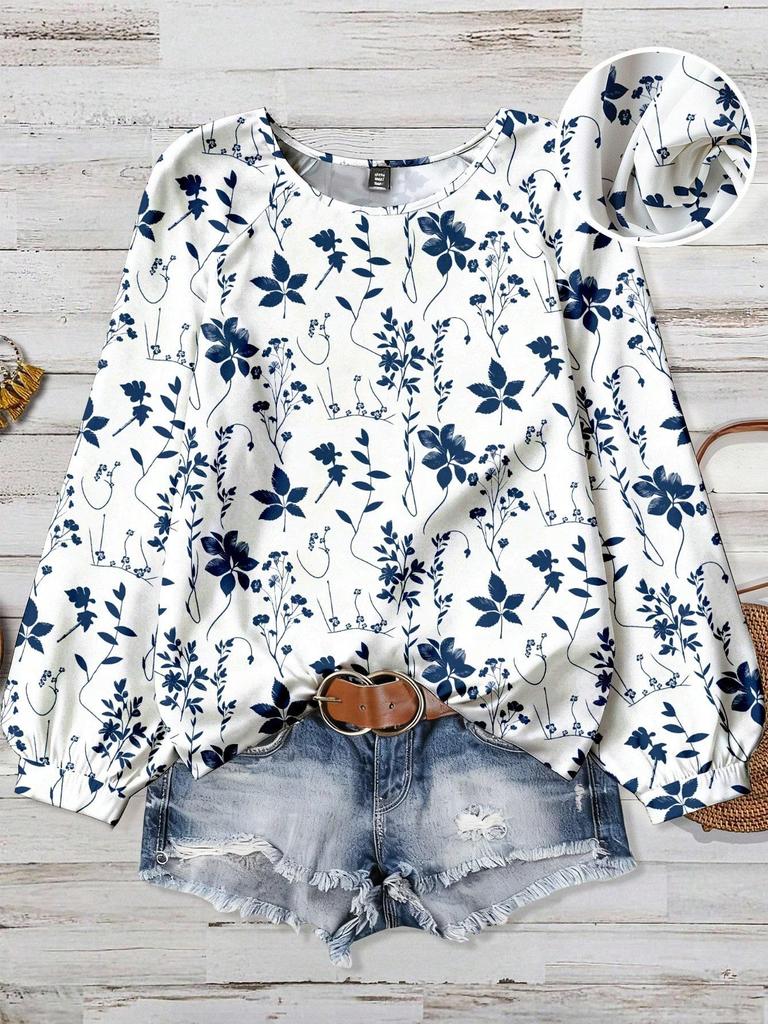 European & American Plus Size Floral Elegant Casual Loose Round Neck Women's Top