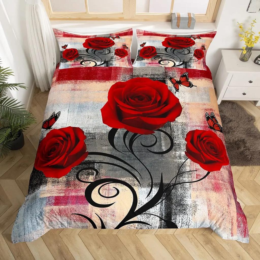 Rose Flowers Duvet Cover Set Butterfly Garden Bedding Sets Girls Women Floral Fresh Nature Blooming Rose Comforter Cover 3 Pcs