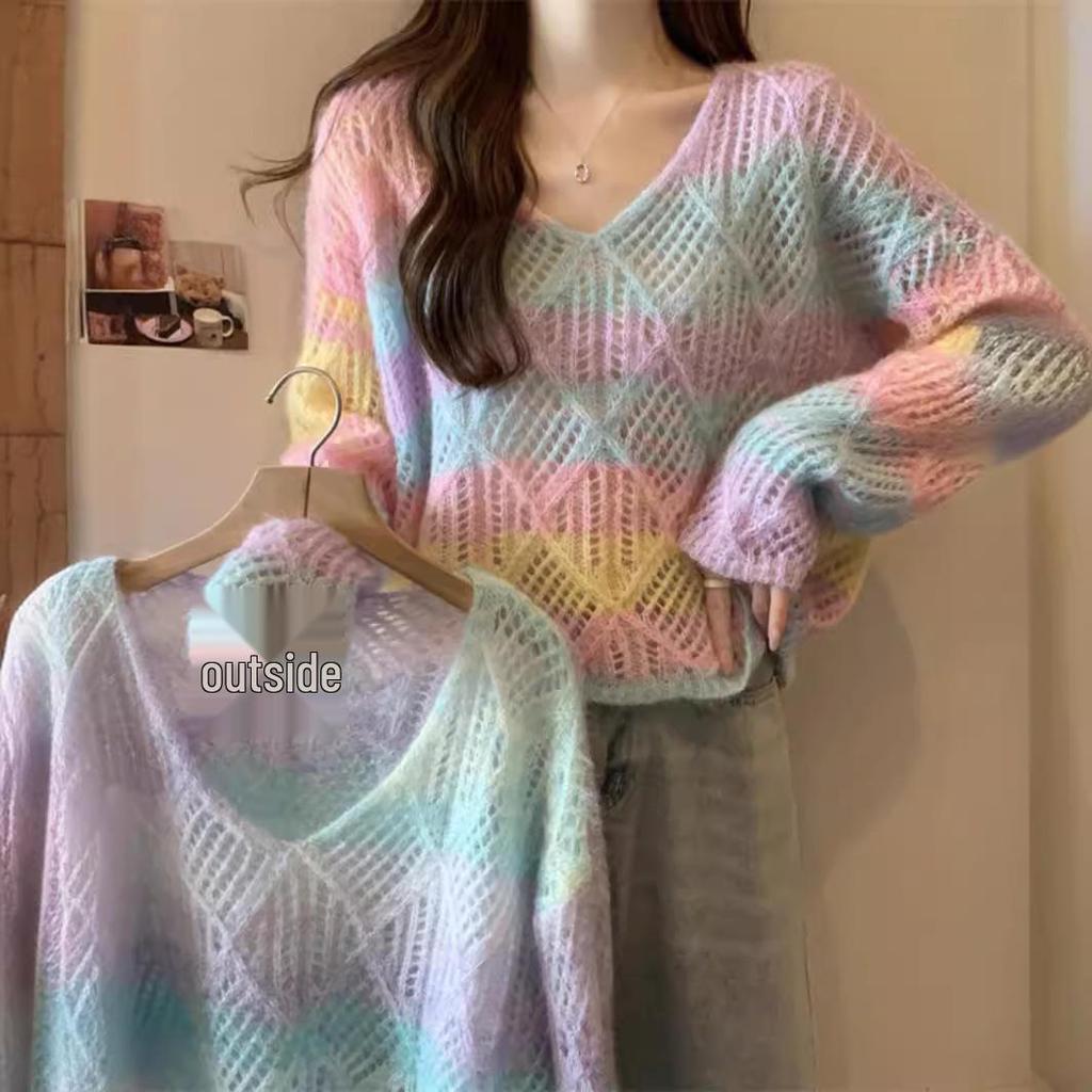 2024 European Loose Gradient V-neck Knit Sweater for Women - Autumn Sweet Style