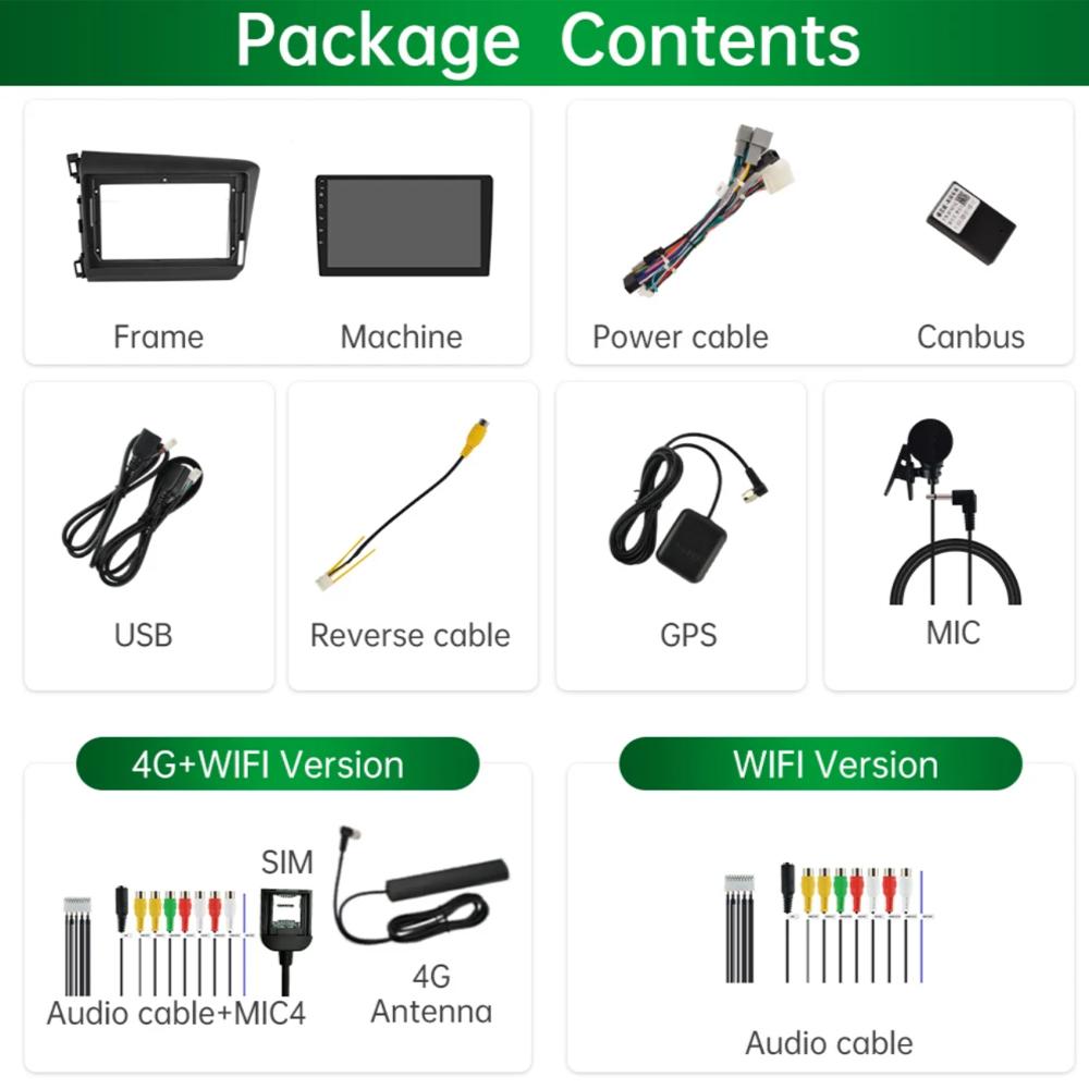 9" 2 Din Android 14 Car Radio for Honda Civic 2012 2013 2014 2015 Multimedia Player 2din Carplay Stereo GPS DVD Head Unit NO DVD