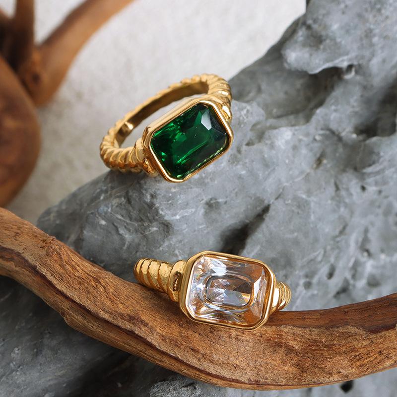 Vintage Stainless Steel Rings For Women 18k Gold Plated With Green Black Glass Stone Boho Women's Ring Luxury Woman Jewelry Gift