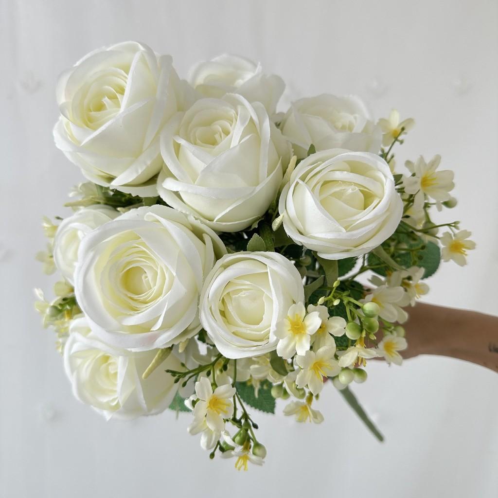 

Elegant Silk Rose Bouquet With Realistic Design For Wedding Decor And Photography Props White