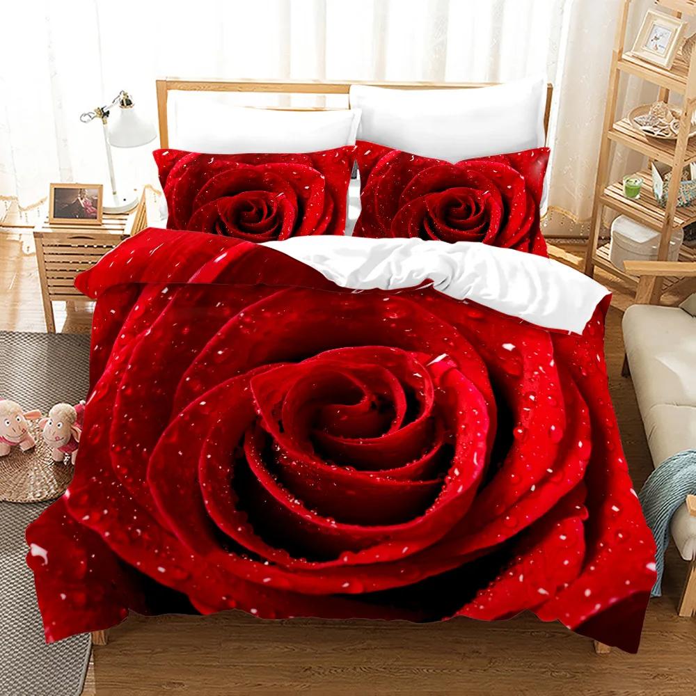 Rose Polyester Påslakanset King Full Size Röd Blomma Blommor 3D-tryckt Romantiskt För Flickor Kvinnor Par Älskare Sängklädesset