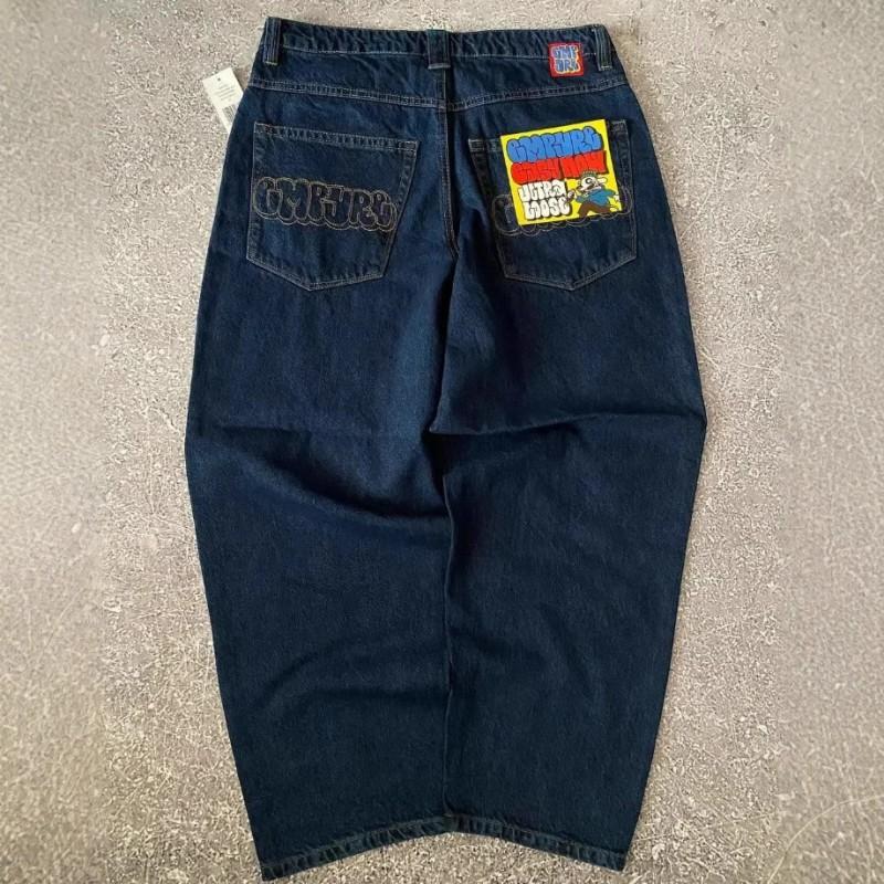Mens Embroidered High-Waisted Straight Cut Denim Pants Loose Fit Skate Style Streetwear Casual Trousers