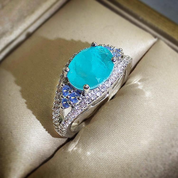 New High Quality Paraiba Rings Fashion Retro Blue Zircon Womens Ring Engagement Ring