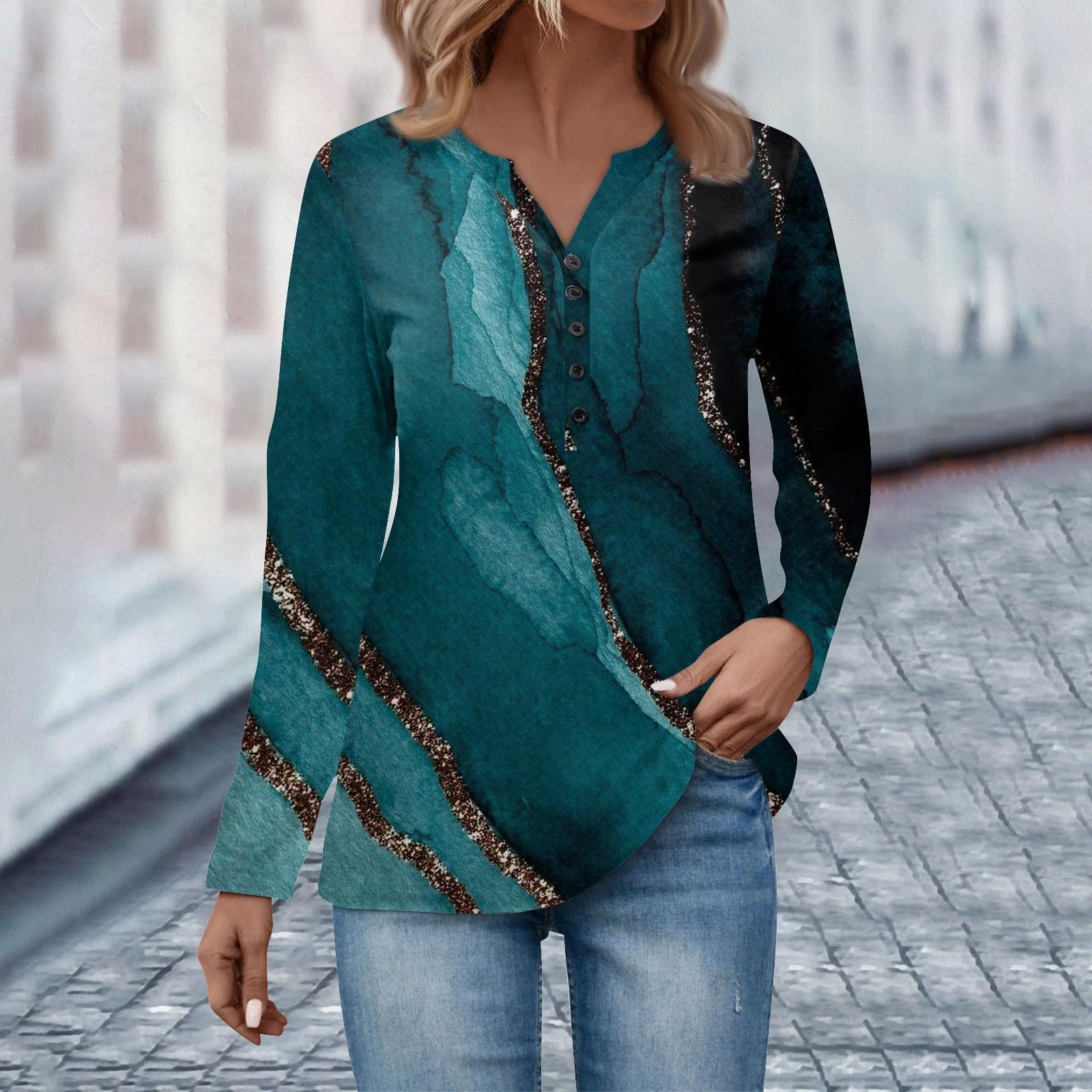 

Women s V Neck Button Long Sleeve T-Shirt Fashion Tops Print Women s Party Casual Tops XXXL синий
