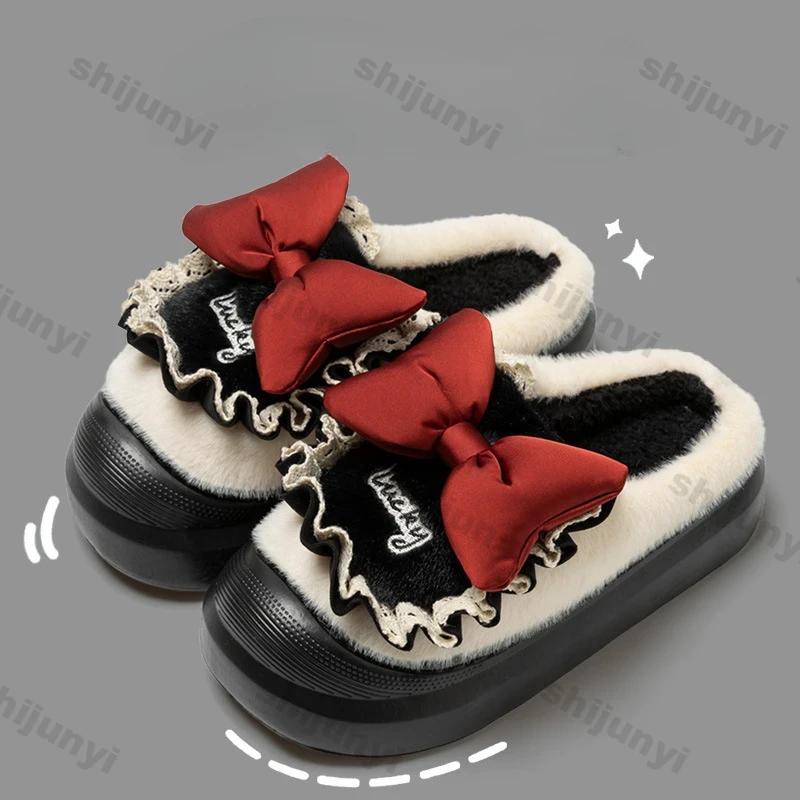 Fashion Women Cotton Slippers Girls Winter Bows Waterproof Warm Plus Velvet Slides Outdoor Warm Fluffy Slides Indoor Soft Plush Slippers