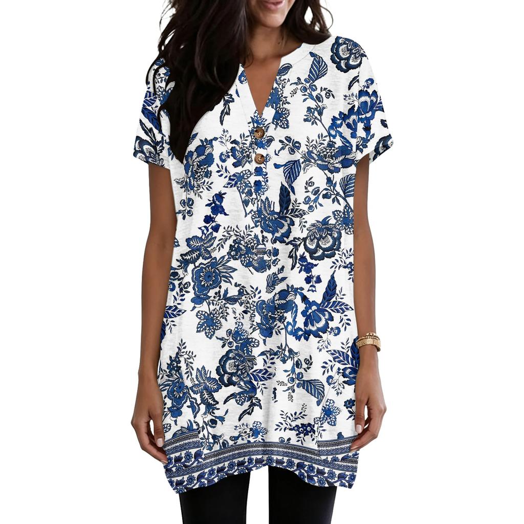 Women's V-Neck Vintage Floral Print Short Sleeve Pullover Top with Pocket