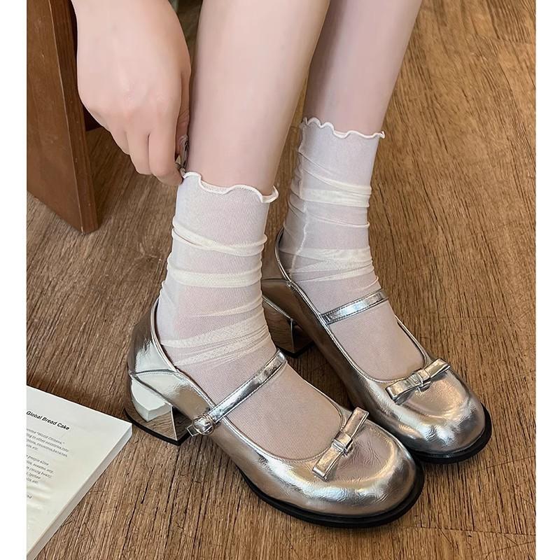 Silberne Mary Jane Schuhe mit dickem Absatz für Damen, neue leichte Mundpartie mit Rock, runde Zehenpartie, Einzelne Schuhe