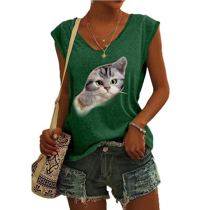2023 Trendy Women's V-neck Print Cap Sleeve Loose T-shirt Top