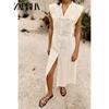 Zaprha2025 Summer New Linen Blend V-neck Sleeveless Strap Shirt Midi Dress 7016709