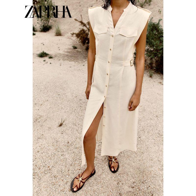 Zaprha2025 Summer New Linen Blend V-neck Sleeveless Strap Shirt Midi Dress 7016709