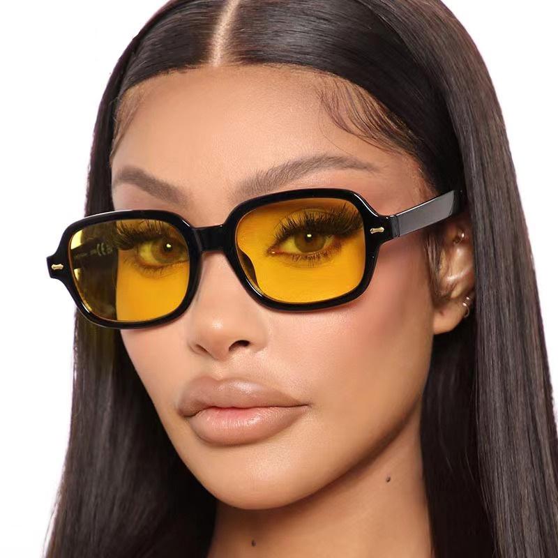 Vintage 90s Yellow Rectangle Sunglasses for Women Men Retro Square Sun Glasses with Rivets Designer Fashion S2160M