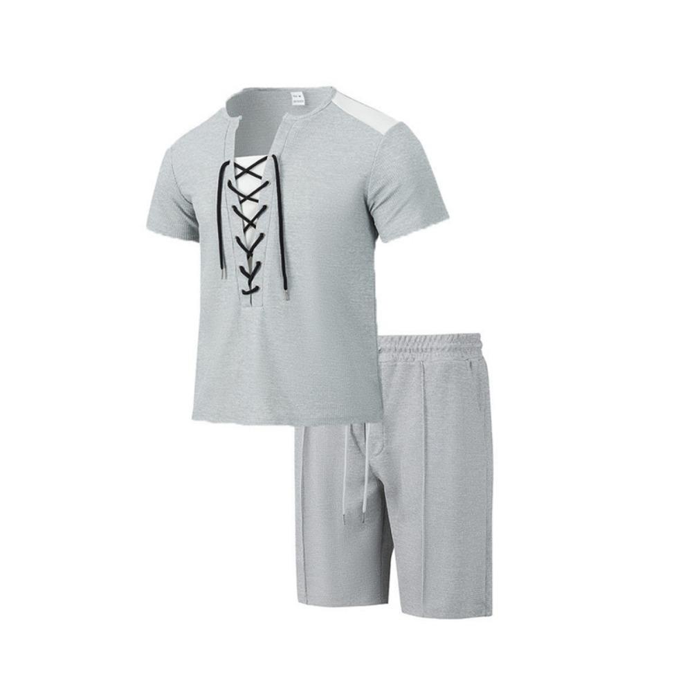 

Мужской летний повседневный модный комплект из футболки и шорт на кулиске, двухпредметный наряд из топа и низа на 2025 год S серый