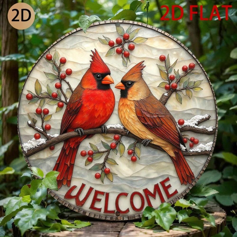 3D Cardinal Metal Wall Art Winter Berries Welcome Sign Home Porch Decoration