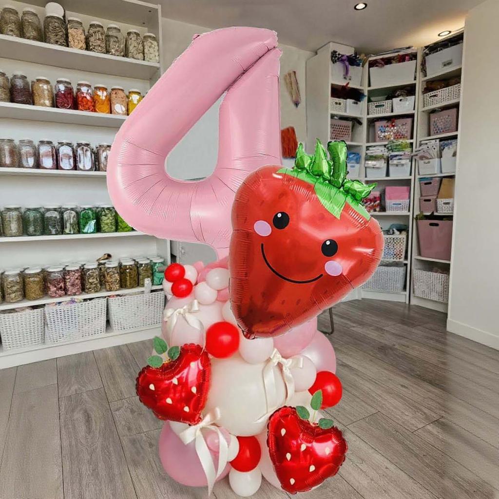 Strawberry Digital Balloon Numbers 0-9 Strawberry Love Aluminum Film Pink White Red Balloon for Anniversary Birthday
