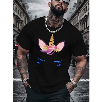 Atmungsaktives Polyester-Spandex T-Shirt für Herren, Europäische Größe, mit schüchternem Einhorn-Print, Kurze Ärmel, Rundhalsausschnitt - Lässiges Sommeroberteil für Strand, Resort Wear