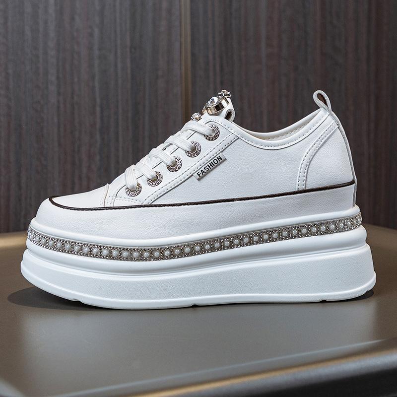 

Повседневная британская обувь для женщин, кроссовки на толстой подошве с высоким верхом, украшенные кристаллами, модные спортивные балетки для весны и осени 39 белый