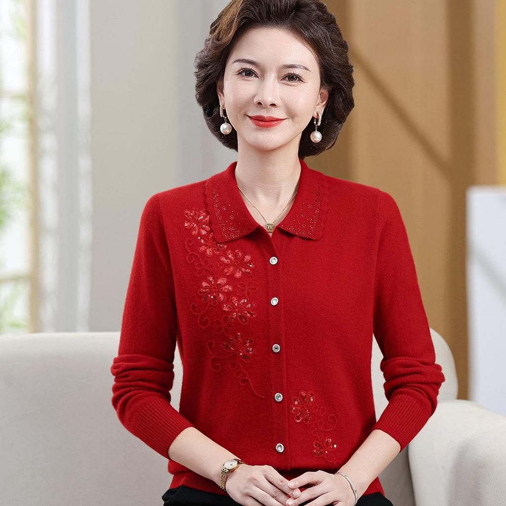 Luxury 100% Pure Wool Embroidered Cardigan for Mothers and Grandmothers - Mid-aged & Elderly Women's Lapel Sweater