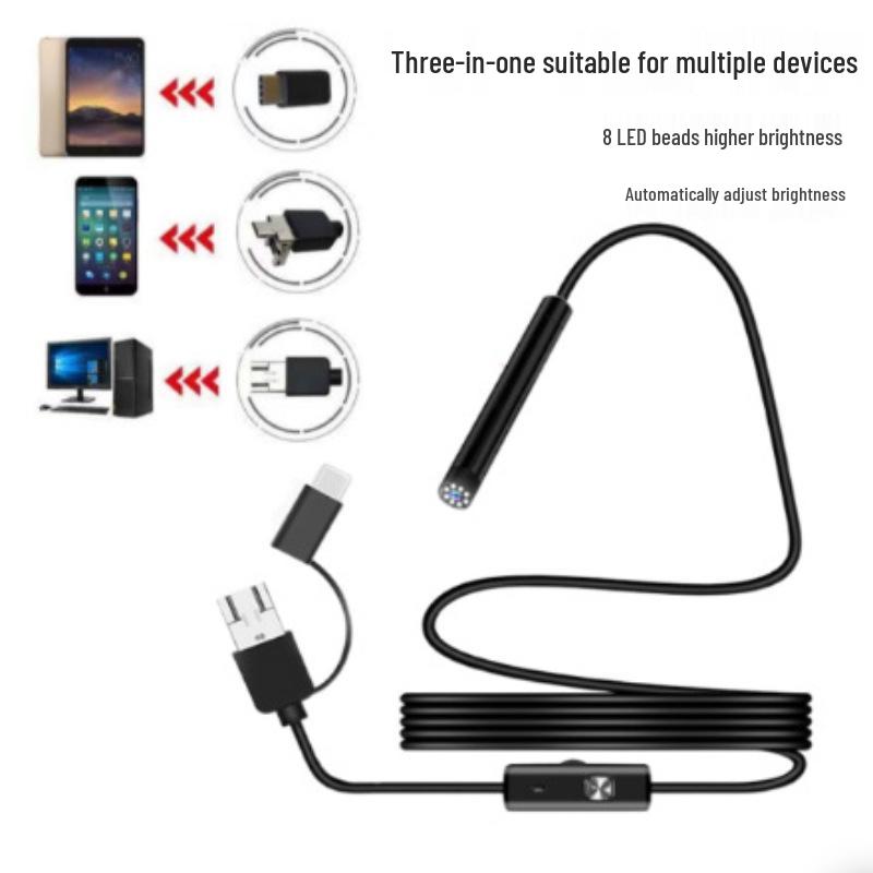 8mm HD Waterproof Mobile Lens: 3-in-1 Portable Car Inspection and Industrial Endoscope. 8mm Flexible Cable, 1m, HD, IP67
