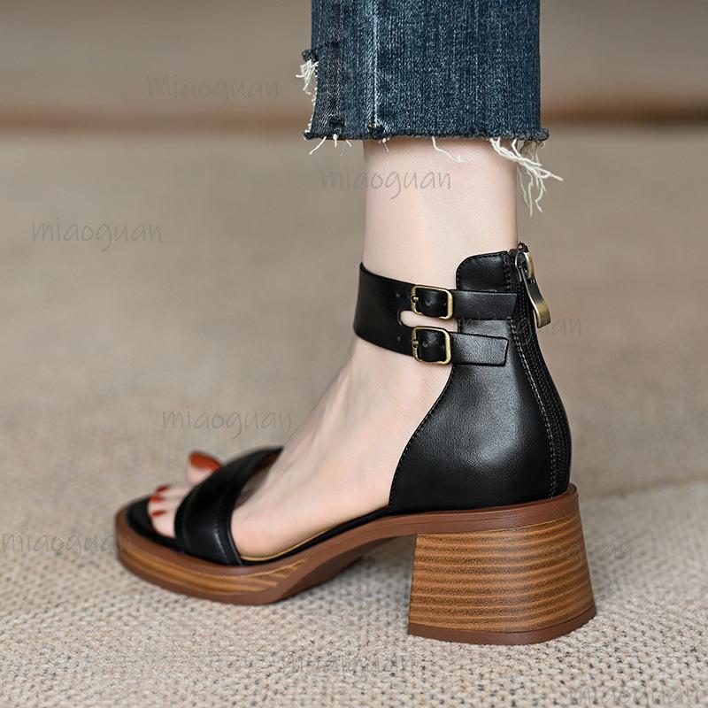 Retro British Style Roman Sandals Women's Buckle Strap Thick Heel Summer Open Toe Back Zipper Modern Sandals Size34 40