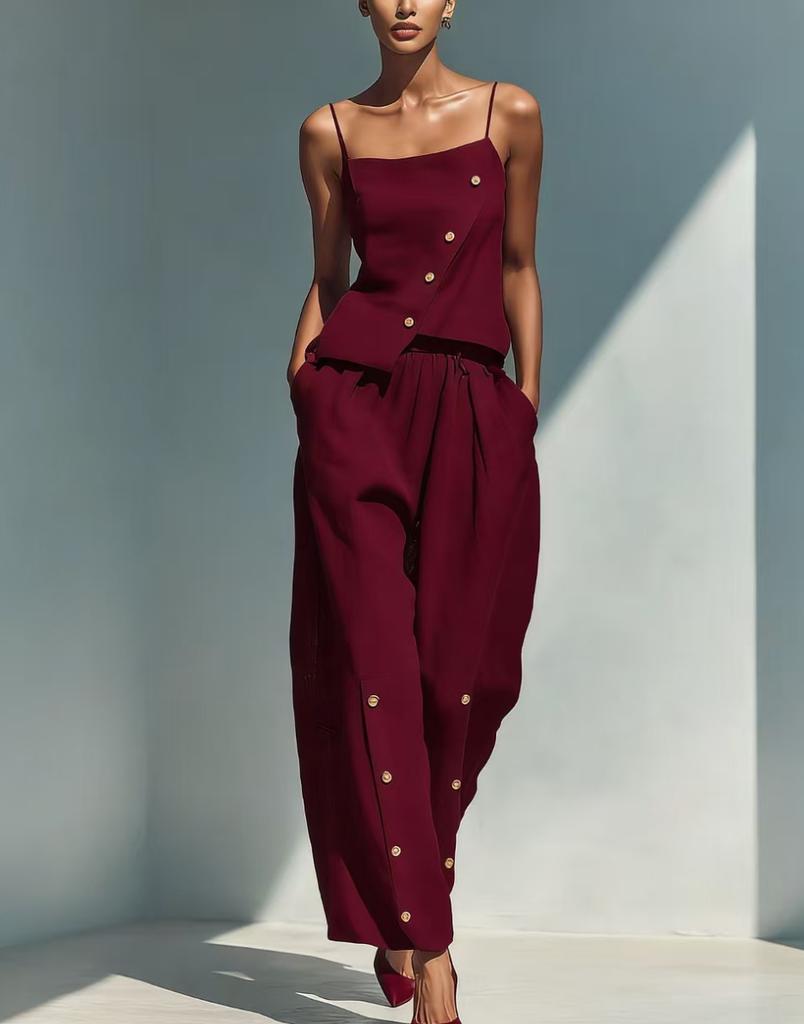 Summer European and American Niche Design Sense Linen Set Gold Buckle Decoration Loose Sense Wear