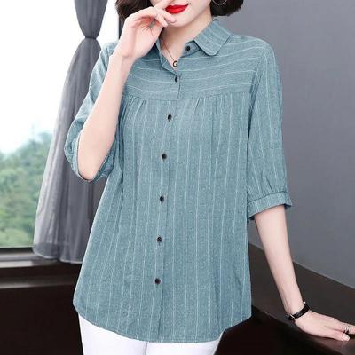 Cotton Striped Five-point Sleeve Shirt Women's Loose Mother Short-sleeved Shirt Middle-aged Women's Top Trendy