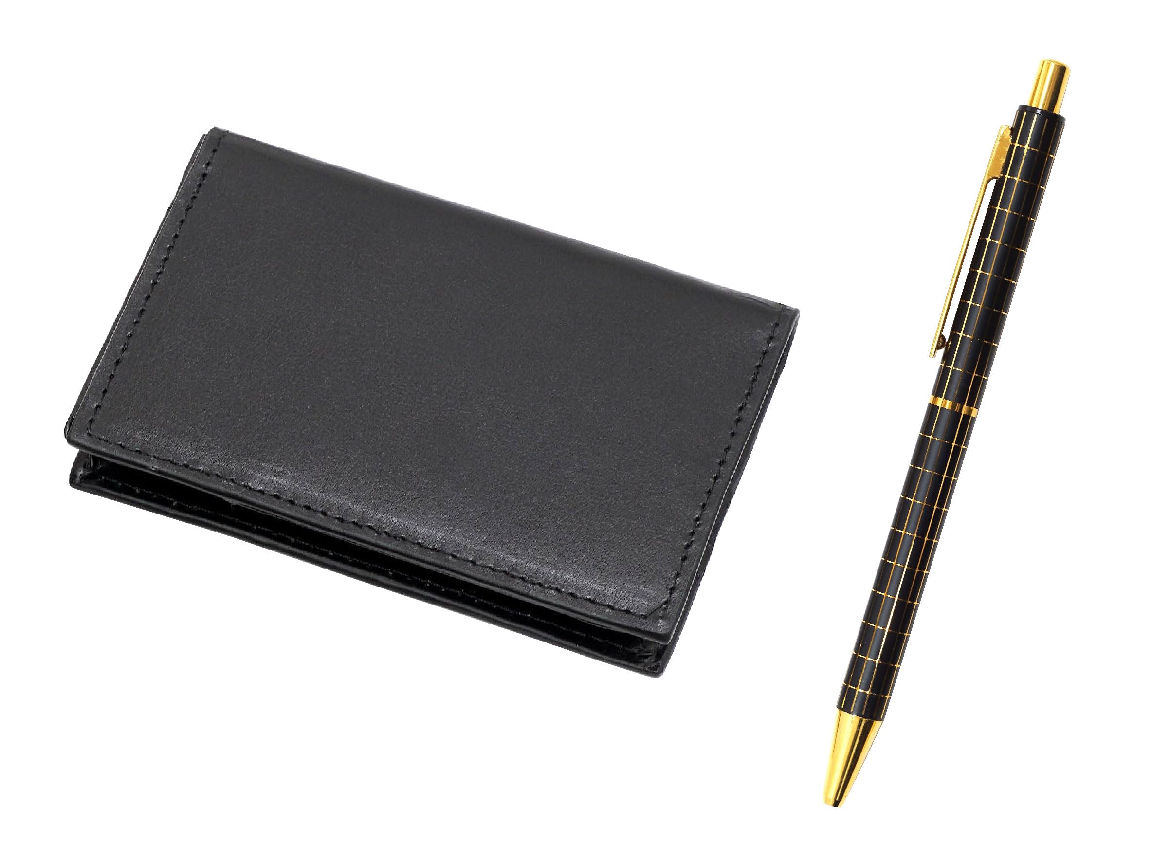 

Recycled cowhide business card standard size metal straight knock pen set with double anodized black black 4-pocket holder, grid, T23-LS030B-NQ25KB-B чорний