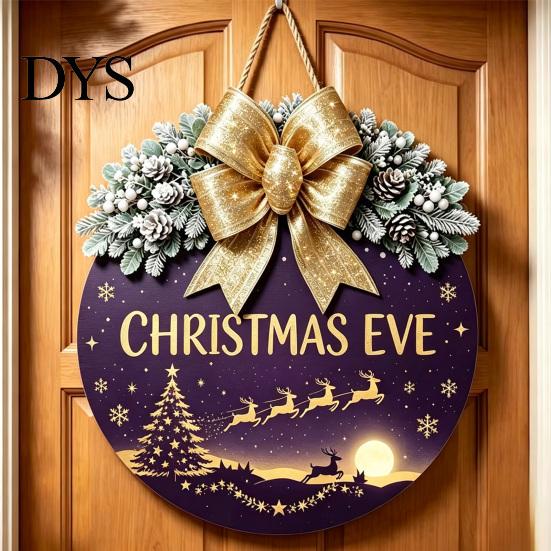 Winter Atmosphere Decor Christmas Wooden Welcome Sign for Front Door, Round Hanging Ornament with Santa Claus Snowman Art Artificial Pine Branches