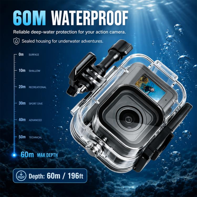 Transparent‑60m‑Depth Waterproof‑Diving‑Housing‑Case, Dual‑Cold‑Shoe Underwater‑Protective‑Shell With Anti‑Fog‑Sheets For GoPro MISSION 1 / 1 PRO