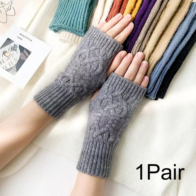 1Pair Women Winter Warm Gloves Soft Fingerless Long Polyester Solid Color Warmer Mittens