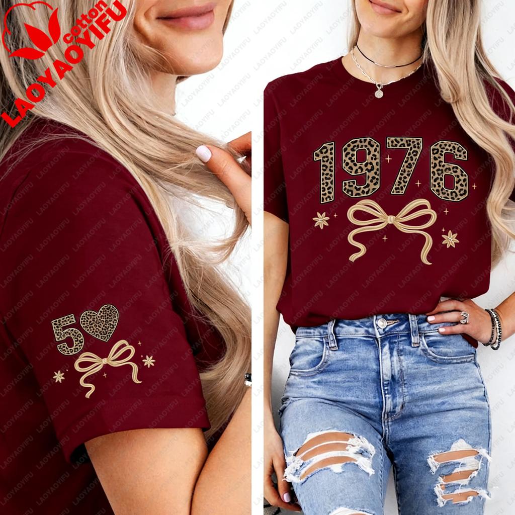 1976 Retro Leopard 50th Birthday Gift For Mothers Day Shirt Commuter Allmatch Regular Short Sleeve Printed Tshirt Tops