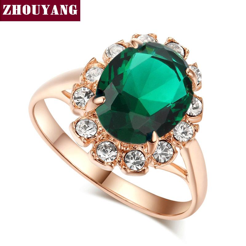 

ZHOUYANG Blue Crystal Rings For Women Retro Korean Rose Gold Color Wedding Bride Jewelry Wholesale Girlfriend Gift R189 10 зелений
