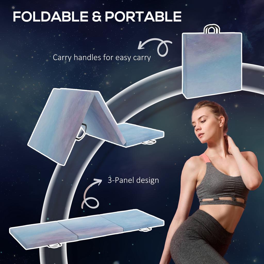 6FT Foldable Gymnastics Mat, Tri-Fold 2" Thick Crash Mat with Carry Strap Handles for Home Training, Sky Blue