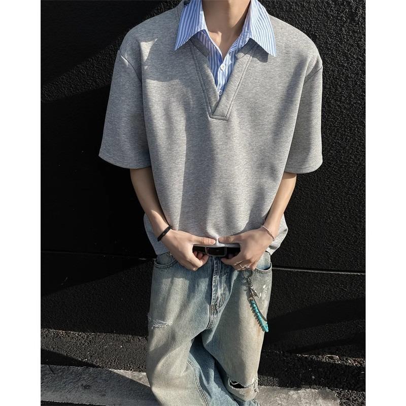 Fake two-piece shirt collar short-sleeved T-shirt men's summer new design sense versatile ruffian handsome loose half-sleeved T-shirt tide