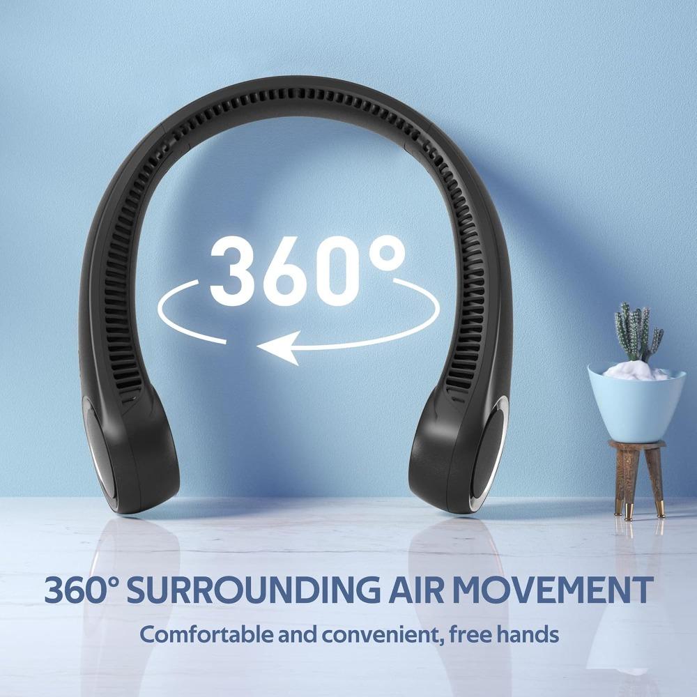 Portable Neck Fan, Hands-Free Bladeless, 360° Cooling, Quiet, 4000mAh USB Rechargeable, 3 Speeds, Black