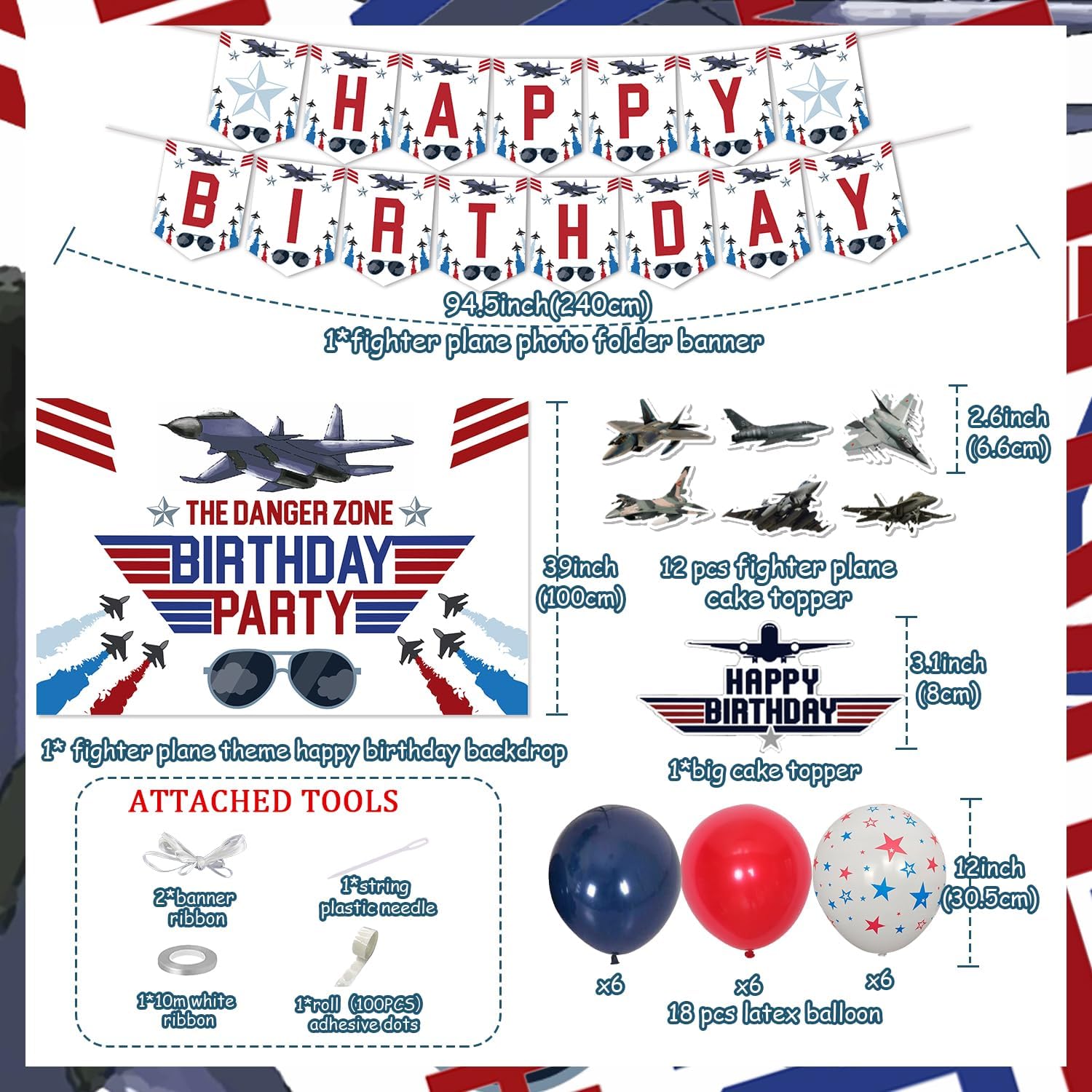 52Pcs Fighter Jet Birthday Party Decorations, Air Force Party Decor with the Danger Zone Backdrop Fighter Pilot Cake Toppers Banner Airforce