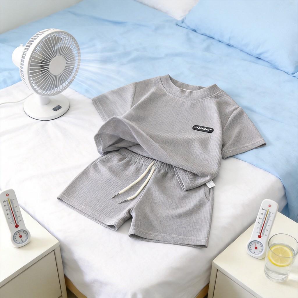 Pigiama Estivo a Maniche Corte con Pantaloncini in Morbido Tessuto Waffle per Bambini