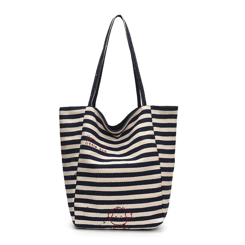Doppelseitige gestreifte Canvas-Tasche für Damen mit großem Fassungsvermögen, lässige Tragetasche, Studenten-Freizeit-Einkaufstasche