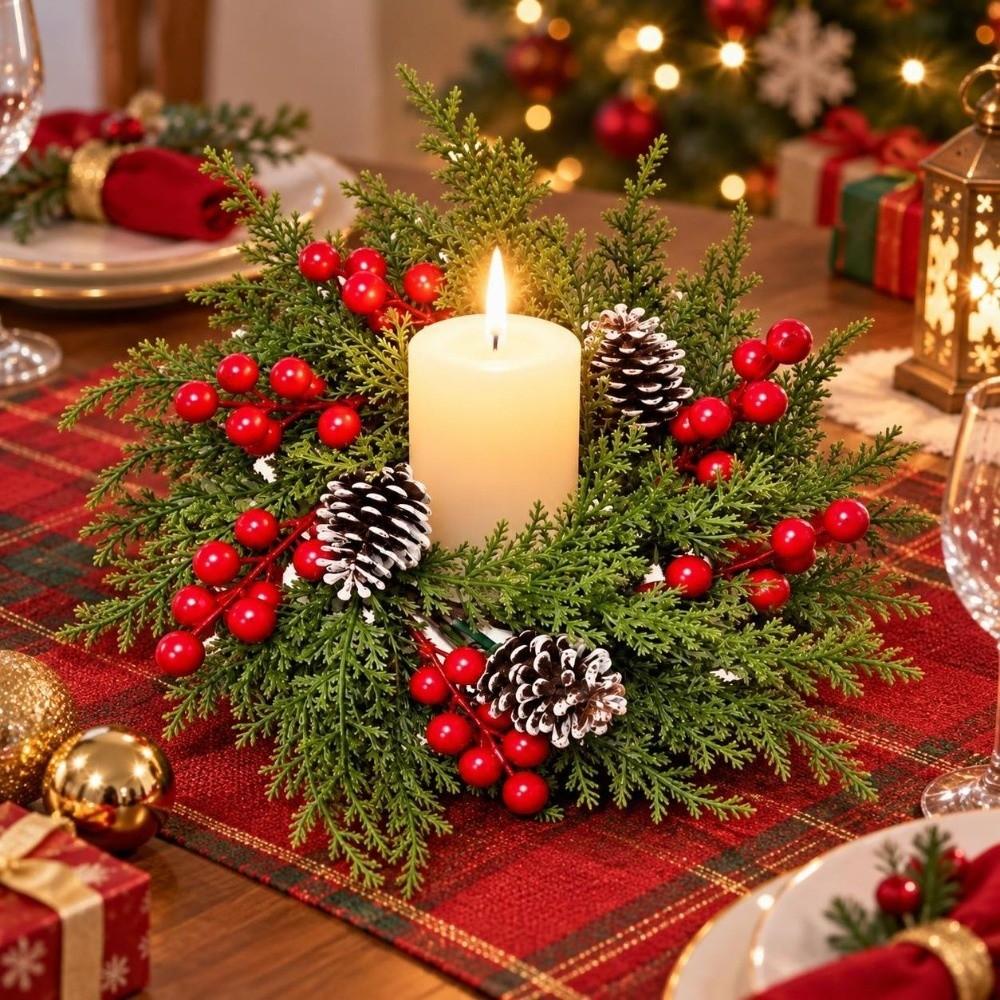 Artificial Pine Needle Christmas Candle Ring Red Berry Table Centerpiece  Dining Table