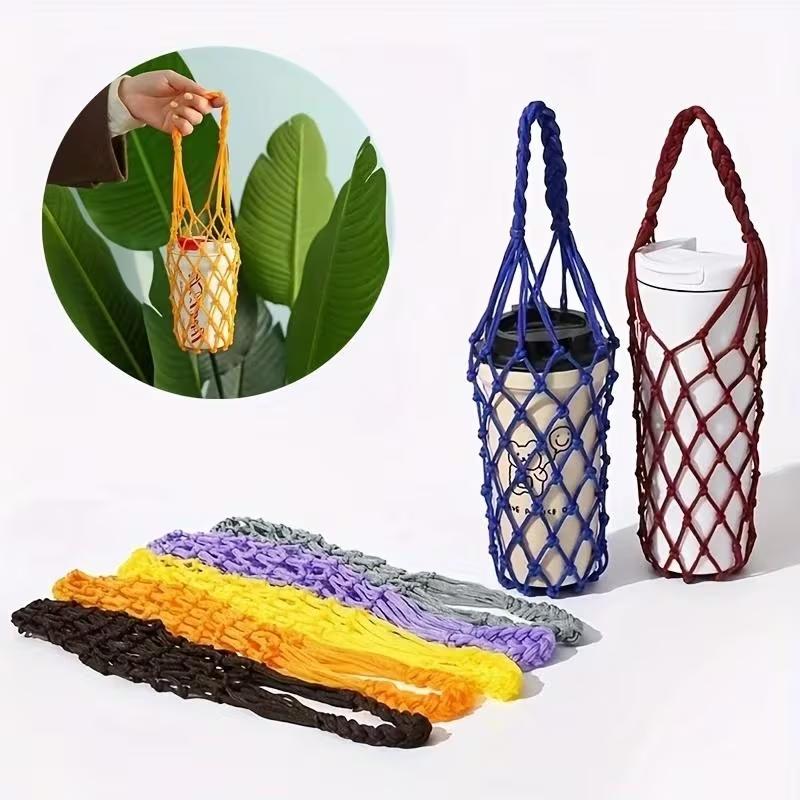 Blue Portable Coffee Cup Bag Hollow Out Bottle Bag Practical Mugs Bag Foldable Water Bottle Bags Woven Net Bag Cup Cover