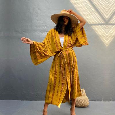 Blue Bohemian Tie Dye Striped Bikini Cover-ups Long Tunic Sexy Kimono Dress Women Plus Size Beach Wear Swim Suit Cover Up