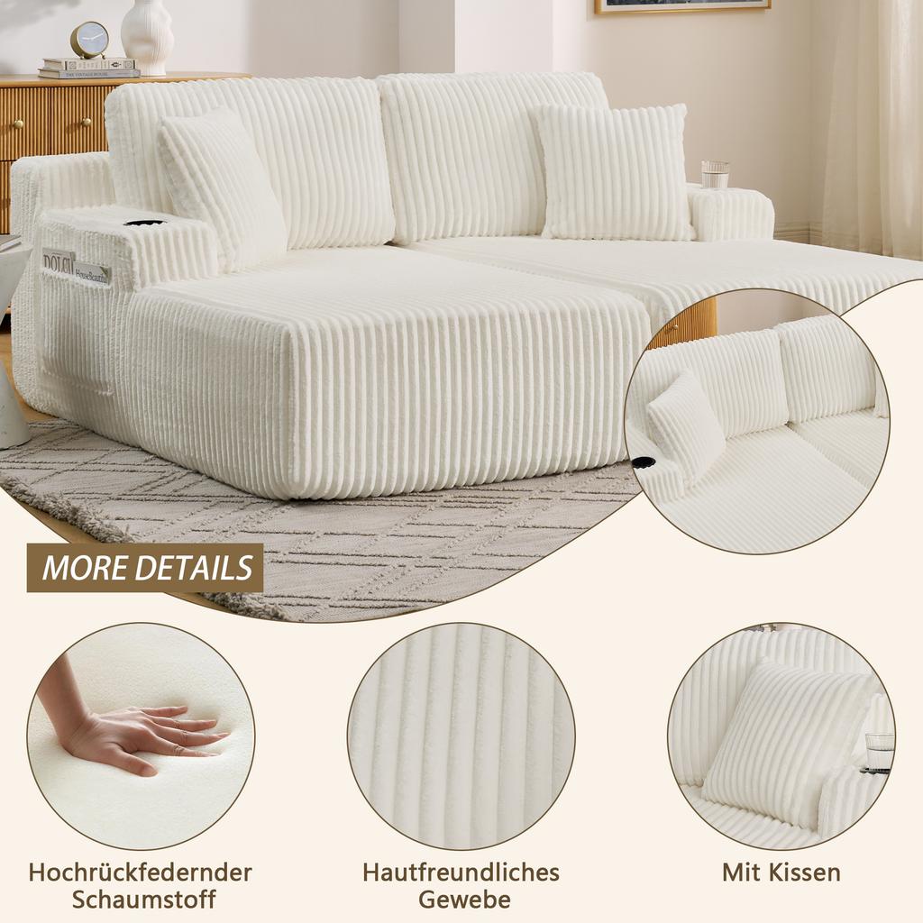 2-Seater Relax Sofa Bed, Lounge Chair, Soft Corduroy Fabric, with Side Magazine Pocket, Drink Holder and Cushion, Suitable for Living Room, Beige