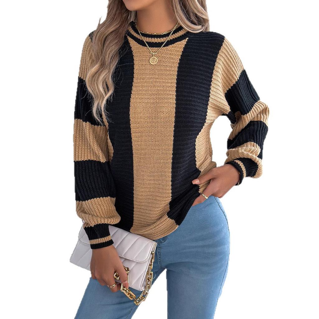 Autumn and Winter Casual Color-blocking Striped Lantern Long-sleeved Pullover Sweater Women's Clothing