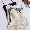 Women Summer Sweet Polka Dot Lace Edge Tank Tops Bow Inner Layer Bottom Shirt with Bra Pad Slim Backless Sexy Basic Crop