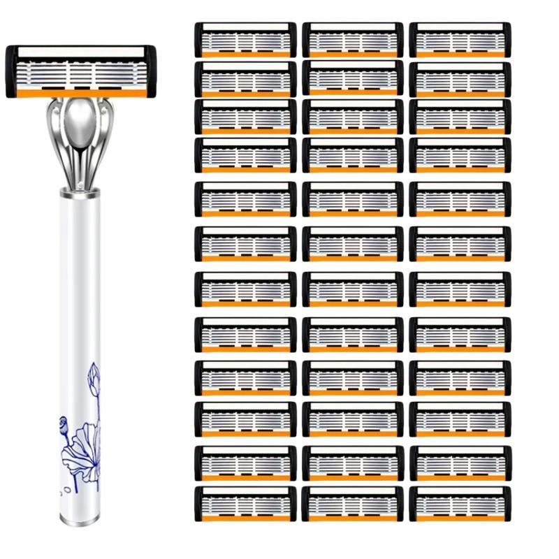 Shaver Handle Stainless Steel Old-fashioned Shaver for Men's Six Layer Blade Head Manual Metal Knife Holder