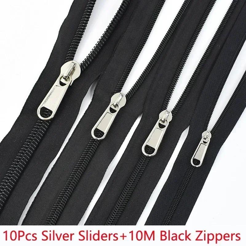 Meetee 3# 5# 8# 10# 10M Black Nylon Roll Zippers + 10Pcs Zipper Pullers Clothes Sewing Zip Slider Head Zips Repair Accessoies