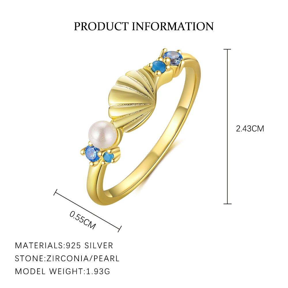 925 Sterling Silver 18k Gold Plated Pearl Shell Ocean Zircon Fine Ring for Girl Women